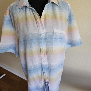 Tommy Bahama Casual Blue and Yellow Button Down Shirt Sz M Mens Linen